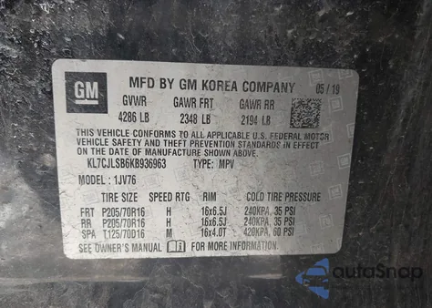 2019 Chevrolet Trax Lt from USA, damaged, VIN KL7CJLSB6KB936963